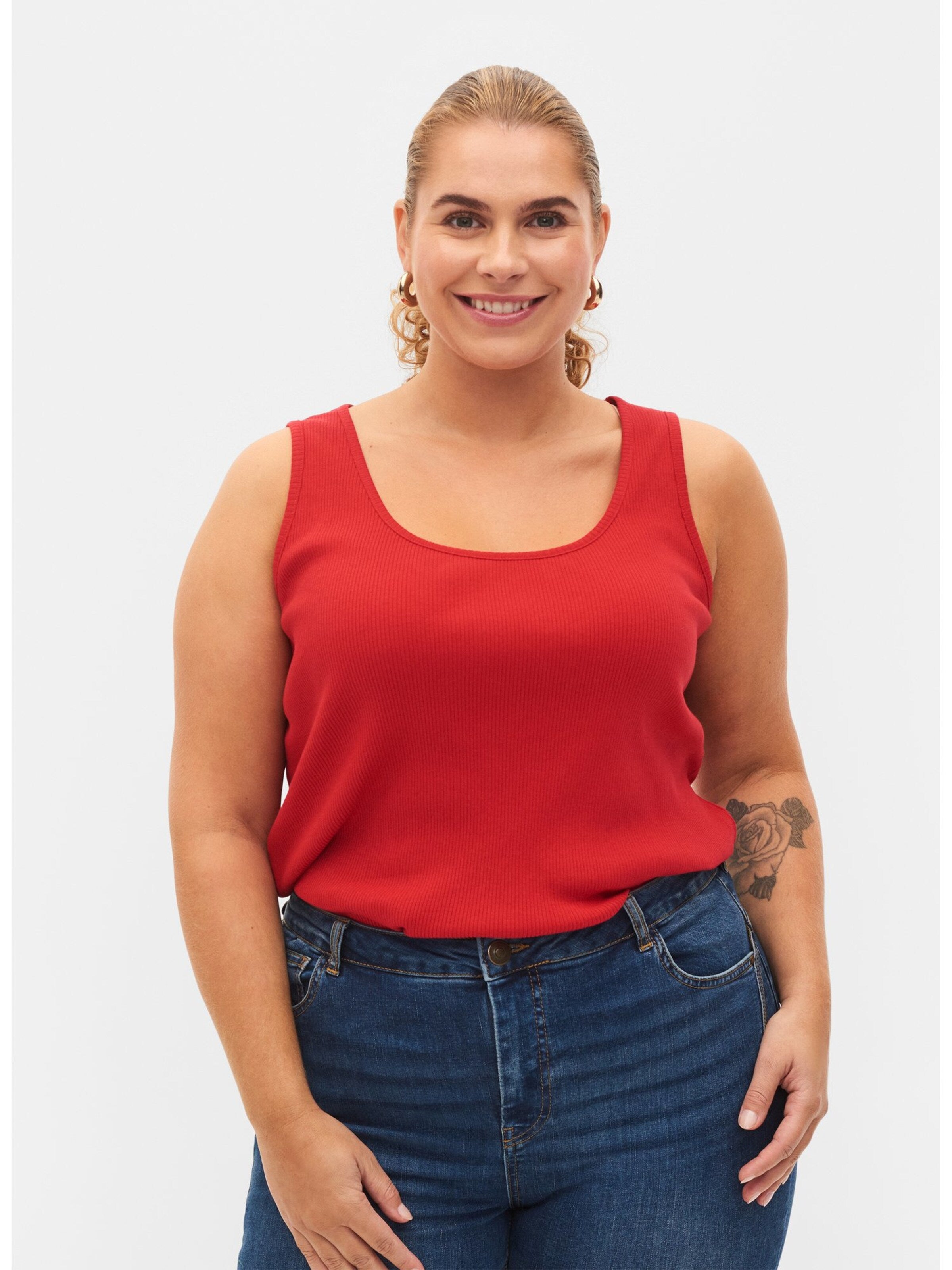 Zizzi Mouwloze Shirts Top Dames Blauw / Rood