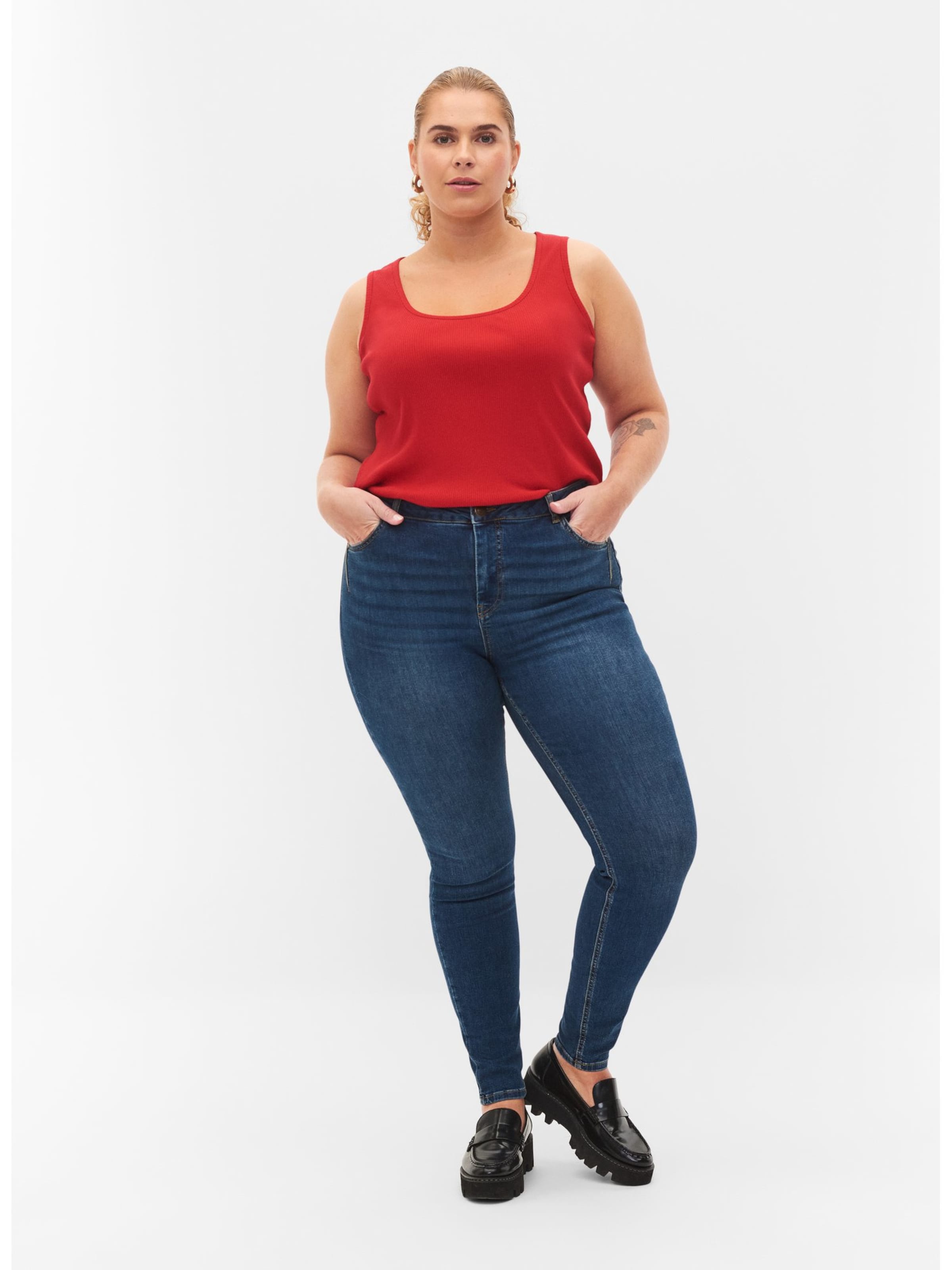 Zizzi Mouwloze Shirts Top Dames Blauw / Rood